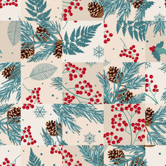 Merry Christmas, Happy New Year seamless geometry pattern with branches, leaves and berries for greeting cards, wrapping papers. Seamless winter pattern. Vector illustration.