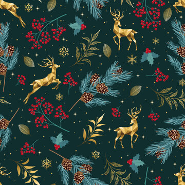 Christmas seamless pattern. Vector seamless pattern with deers, christmas branches, cones and herbs. Festive design.