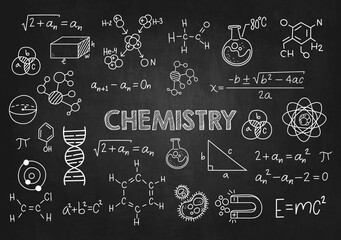 Fototapeta na wymiar scientific and chemistry formulas and algebra illustration on black chalkboard 