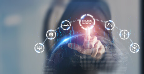Sharing economy, innovation and futuristic technology business concept. Smart consumption, people...
