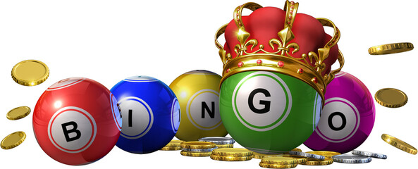 The word BINGO made of letters on colorful bingo balls. 3D illustration - obrazy, fototapety, plakaty