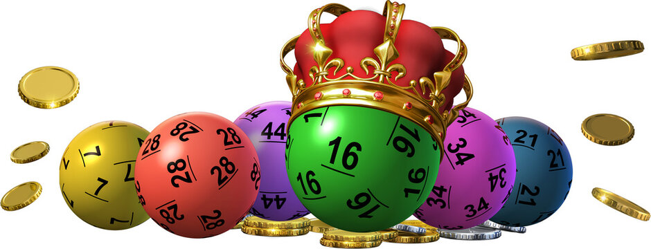 3D illustration showing a crowned lottery ball set among other colorful lottery balls and golden coins