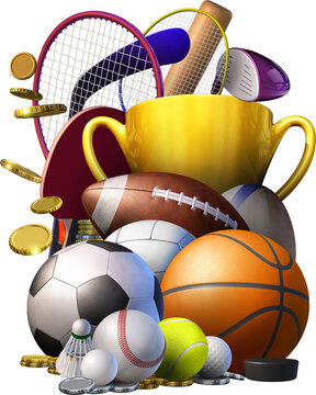 3D illustration with various types of sporting equipment used in the sports of basketball, baseball, tennis, golf, soccer, volleyball, rugby, American football, hockey and badminton 