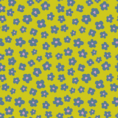 Cute little flower heads seamless repeat pattern. Random placed, vector ditsy daisy retro all over surface print on line green background.