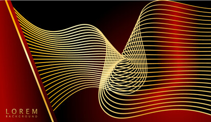 Abstract luxury golden lines curved overlapping on dark red background.