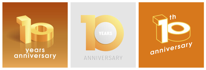 10 years anniversary set of vector graphic icons, logos. Design elements with golden number - obrazy, fototapety, plakaty