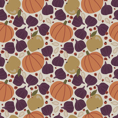 Seamless fruit pattern, Autumn hardest print, Food illustration background, Pumkin, fig, apple, Seeds, berries, Fruit and vegetable ornament, Fall fabric design