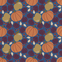 Seamless fruit pattern, Autumn hardest print, Food illustration background, Pumkin, fig, apple, Seeds, berries, Fruit and vegetable ornament, Fall fabric design