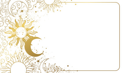 Mystical banner with copy space, golden sun and moon with stars on white background, card for astrology, banner for tarot, fortune telling, mystical party. Vector illustration. - obrazy, fototapety, plakaty
