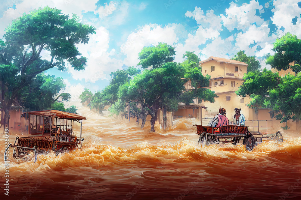 Canvas Prints anime style, A mule donkey cart in a flash floods water in old city area The Signboard are in Urdu and English language Karachi Pakistan. 2d illustration