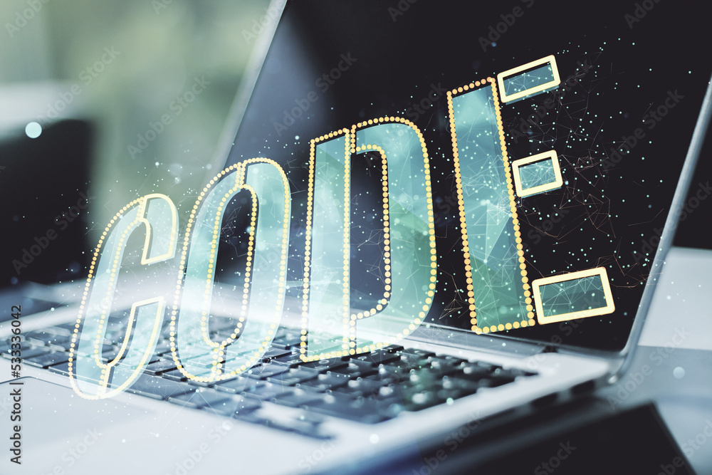 Poster creative code word sign on modern computer background, international software development concept. m