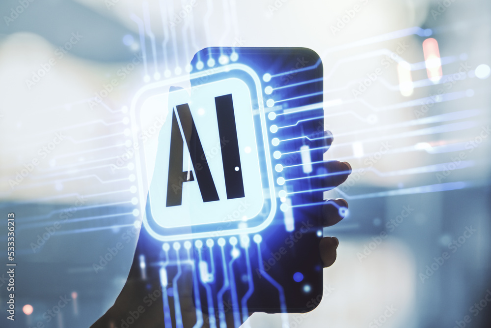 Poster double exposure of creative artificial intelligence icon and hand with cell phone on background. neu