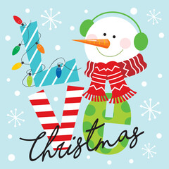 christmas card with love text and snowman