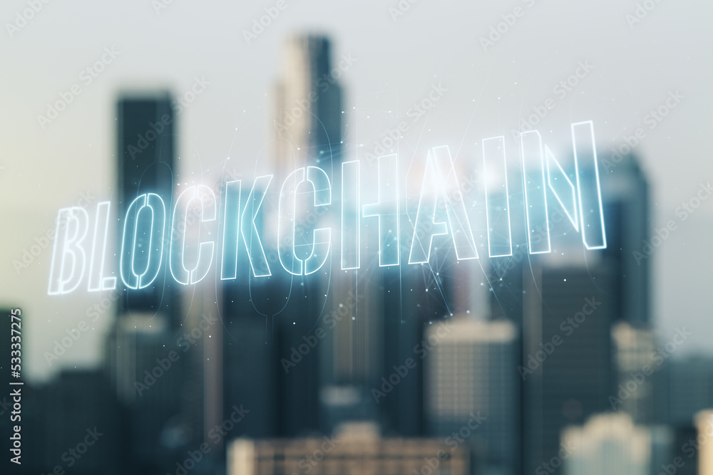 Poster double exposure of abstract virtual blockchain technology hologram on blurry cityscape background. r