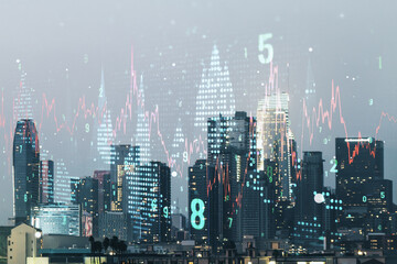 Abstract virtual financial graph hologram on Los Angeles skyline background, forex and investment...