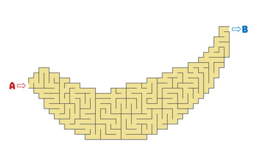 Not so easy Banana shaped labyrinth with entry A and One exit (only one solution). Line maze game. Medium complexity. Kids maze puzzle, vector illustration