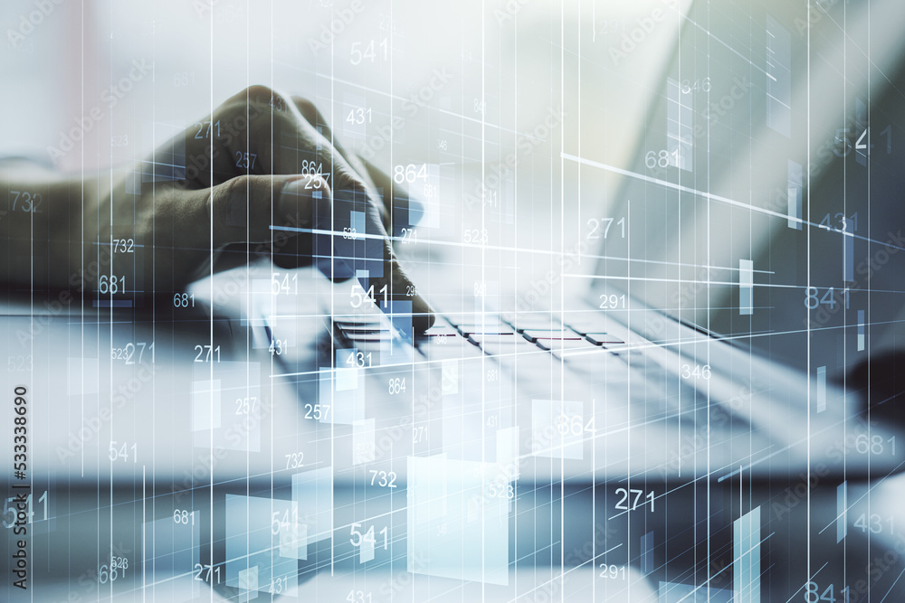 Poster double exposure of abstract creative statistics data hologram with hands typing on laptop on backgro