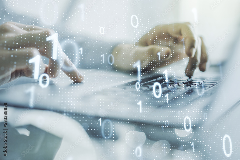 Aufkleber double exposure of creative abstract binary code hologram and hands typing on laptop on background. 