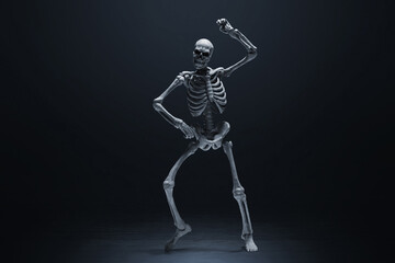 Fototapeta na wymiar Human skeleton dancing on dark background