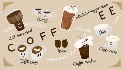 Set of cute coffee characters illustration
