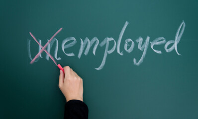 Closeup unemployed text on blackboard