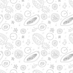 Seamless pattern of fruits vector illustration in scandinavian style. Linear graphic. Fruits background. Healthy food isolated on white background.