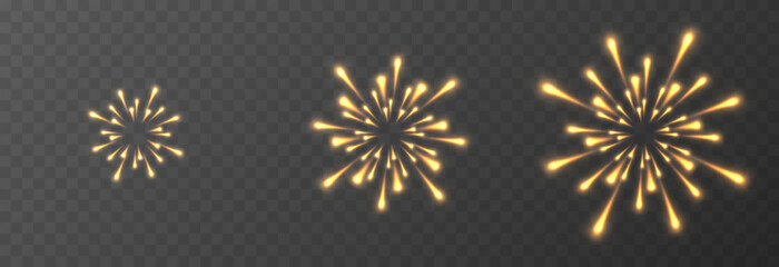 Vector festive fireworks on a transparent background. Fireworks png, festive light png. Magic fireworks lights. Christmas light. - obrazy, fototapety, plakaty