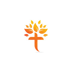 Tree religious cross symbol icon vector design. Cross tree logo design. Tree church logo.