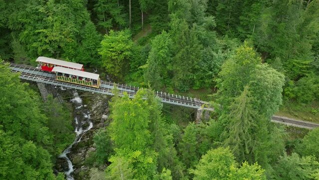 Two funiculars passing each other at Giessbach, Switzerland
