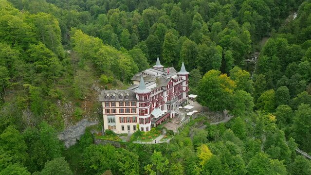 Aerial view of the Giessbach hotel and waterfall