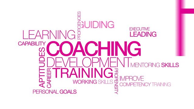 Coaching development training words tag cloud video illustration pink text white background