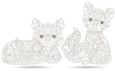 Set of stained glass contour elements with rainbow cats , isolated outline images on white background