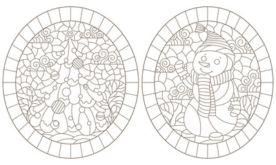 A set of contour illustrations in a stained glass style on the theme of New Year's holidays with a snowman and a Christmas tree, dark outlines on a white background