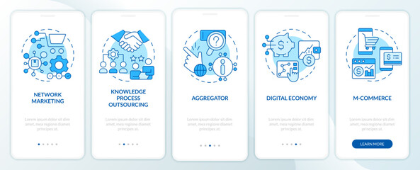 Emerging business trends blue onboarding mobile app screen. Walkthrough 5 steps editable graphic instructions with linear concepts. UI, UX, GUI template. Myriad Pro-Bold, Regular fonts used