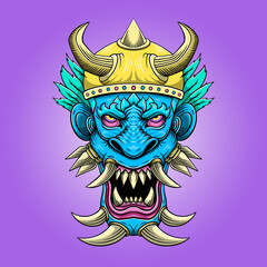 Hand drawn angry monster with horn and sharp teeth