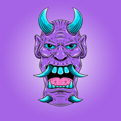 Hand drawn angry monster with horn and sharp teeth