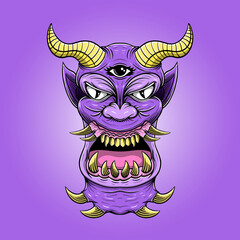 Hand drawn angry monster with horn and sharp teeth