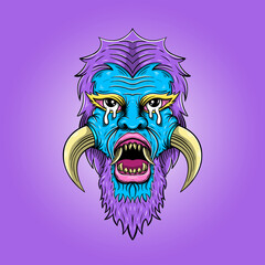 and drawn angry monster with horn and sharp teeth