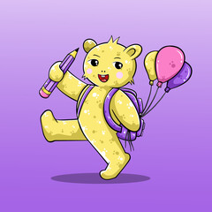 Hand drawn cute animal cartoon character holding pencil and balloon