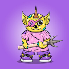 Hand drawn cute yellow monster cartoon character holding trident weapon