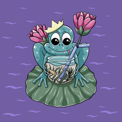 Hand drawn frog on lotus leaf holding aquarium filled with fish vector illustration