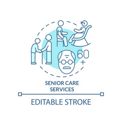 Senior care services turquoise concept icon. In demand small business type abstract idea thin line illustration. Isolated outline drawing. Editable stroke. Arial, Myriad Pro-Bold fonts used