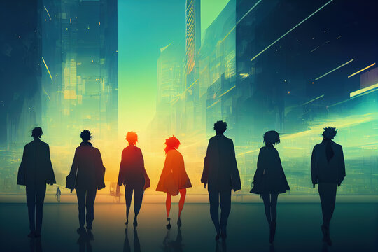  Silhouettes of walking people Multiple exposure blurred image Business concept illustration , style U1 1