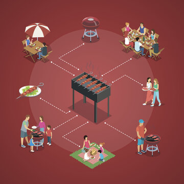 Isometric View of Grill With Meat And People Eating And Cooking On Barbecue On Red Background.