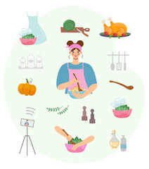 Culinary set. Set for a culinary blog. Avatar in chef hat, apron, ladle, platter with vegetables and greens salad, cutlery, food on a tray, phone on a tripod, autumn harvest. Vector flat illustration