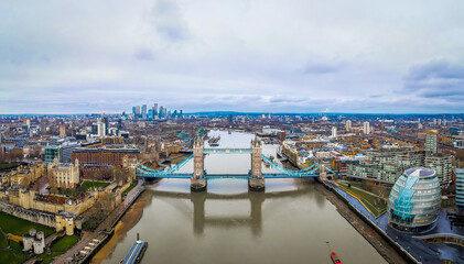 Aerial view of Tower Bridge in the City of London, the historic centre and the primary central business district