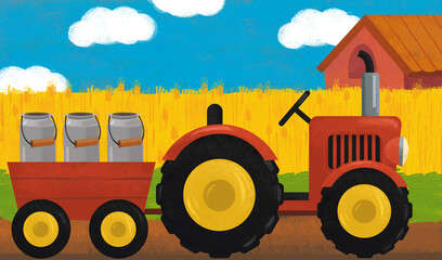 cartoon scene with tractor on the farm illustration