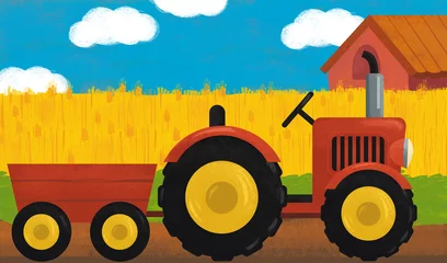 Plexiglas foto achterwand cartoon scene with tractor on the farm illustration © honeyflavour