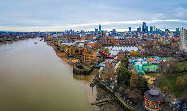 Aerial view of Shadwell Basin and the City of London, the historic centre and the primary central business district
