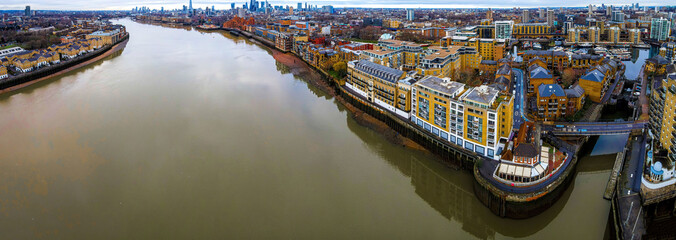 Aerial view of the Limehouse, a regenerated former dockland area at the River Thames in London